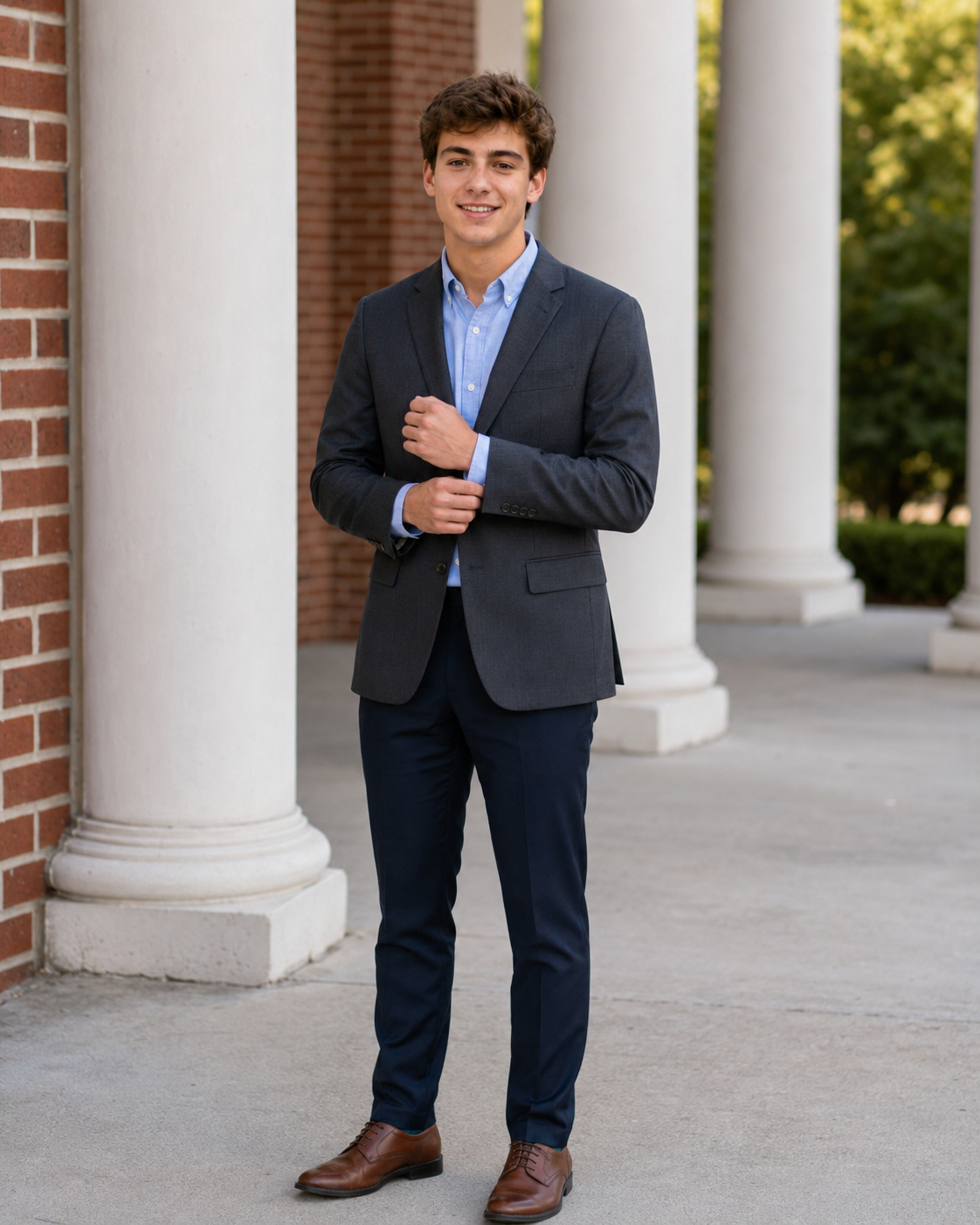 Smiling male senior in dark blazer and blue shirt standing by white columns for portrait photo.