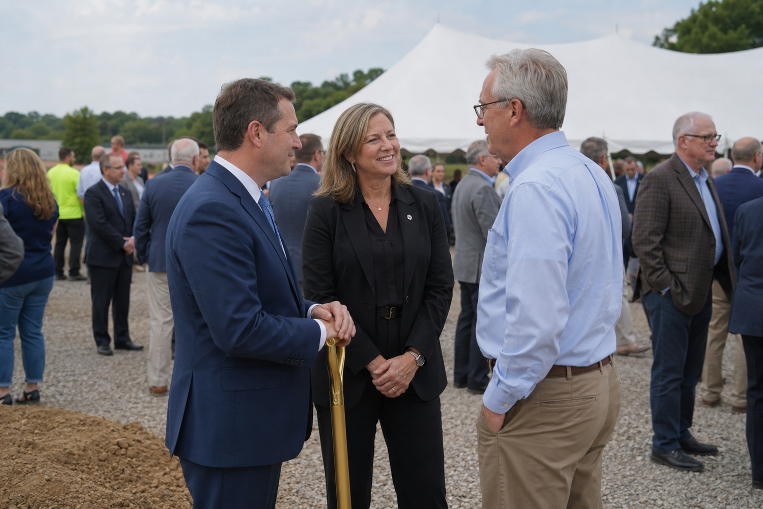 Three professionals converse at an outdoor groundbreaking ceremony, one holding a golden shovel, with guests and a white tent behind.