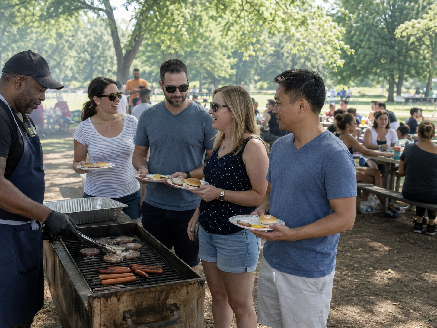 Group of friends enjoying a outdoor BBQ cookout in a park, getting grilled hot dogs and burgers from a chef.