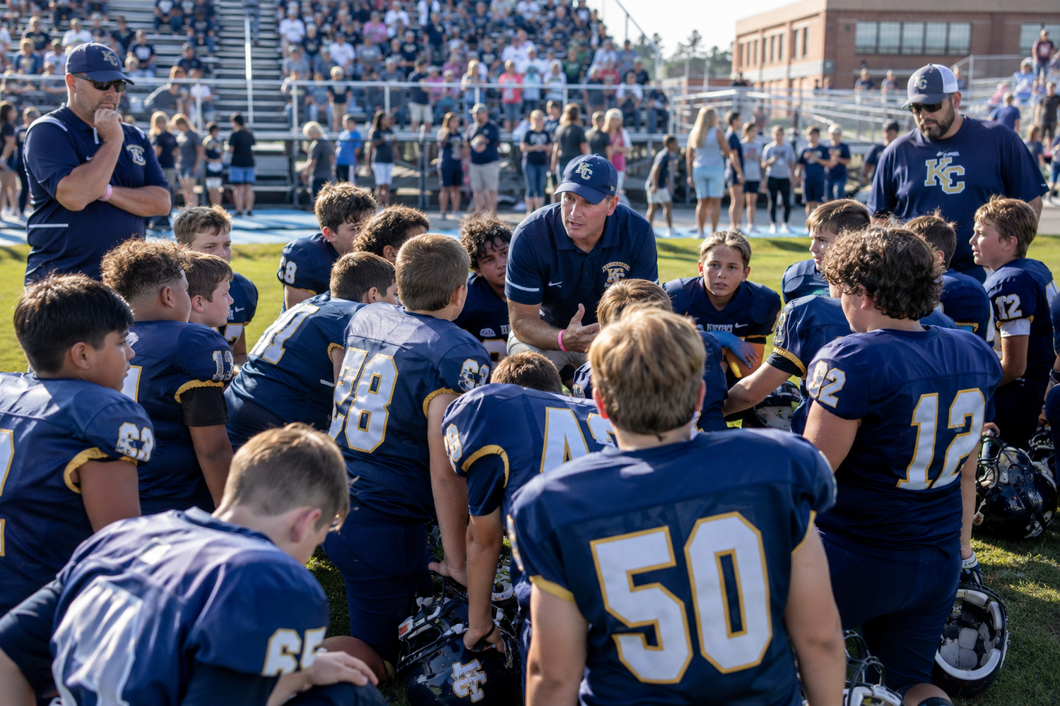 Football coach huddles with youth team players in navy uniforms after a game on the sideline.