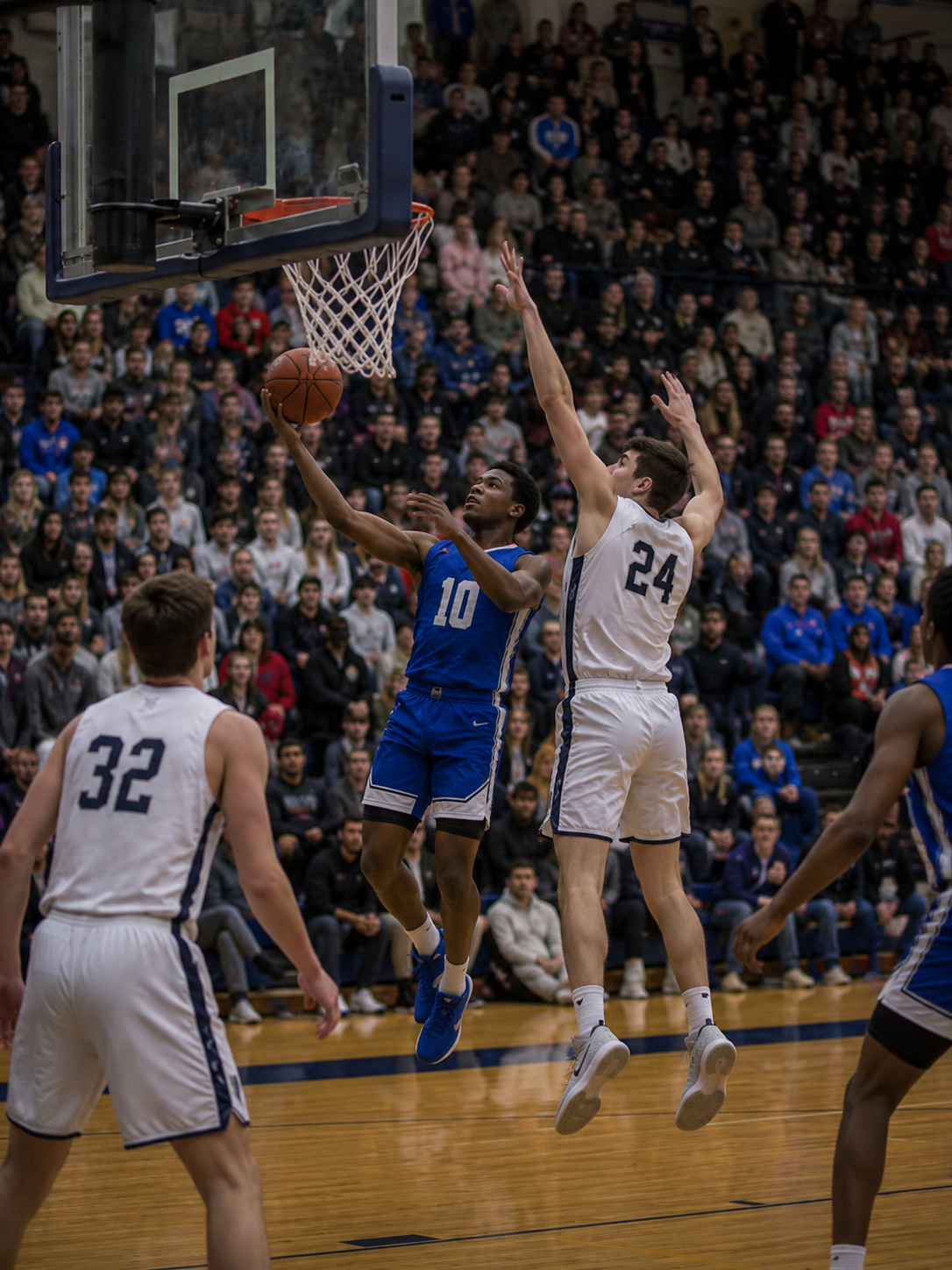 Player #10 in blue drives to the basket against defender #24 in a packed high school basketball arena.