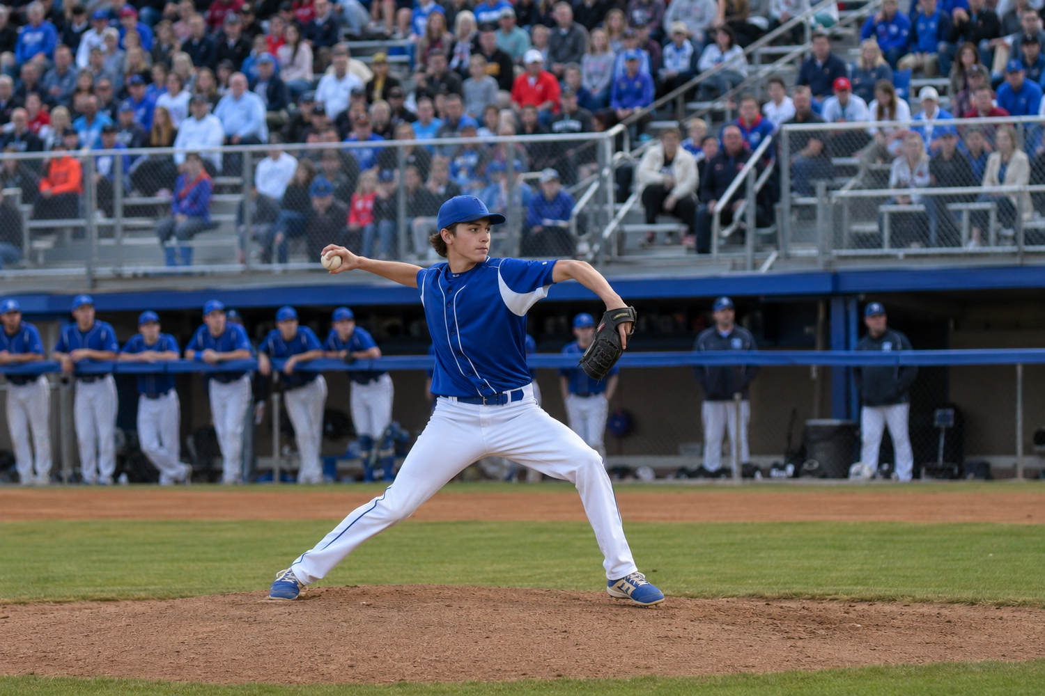 Baseball pitcher in blue uniform winds up to throw during a game with crowded bleachers in the background.