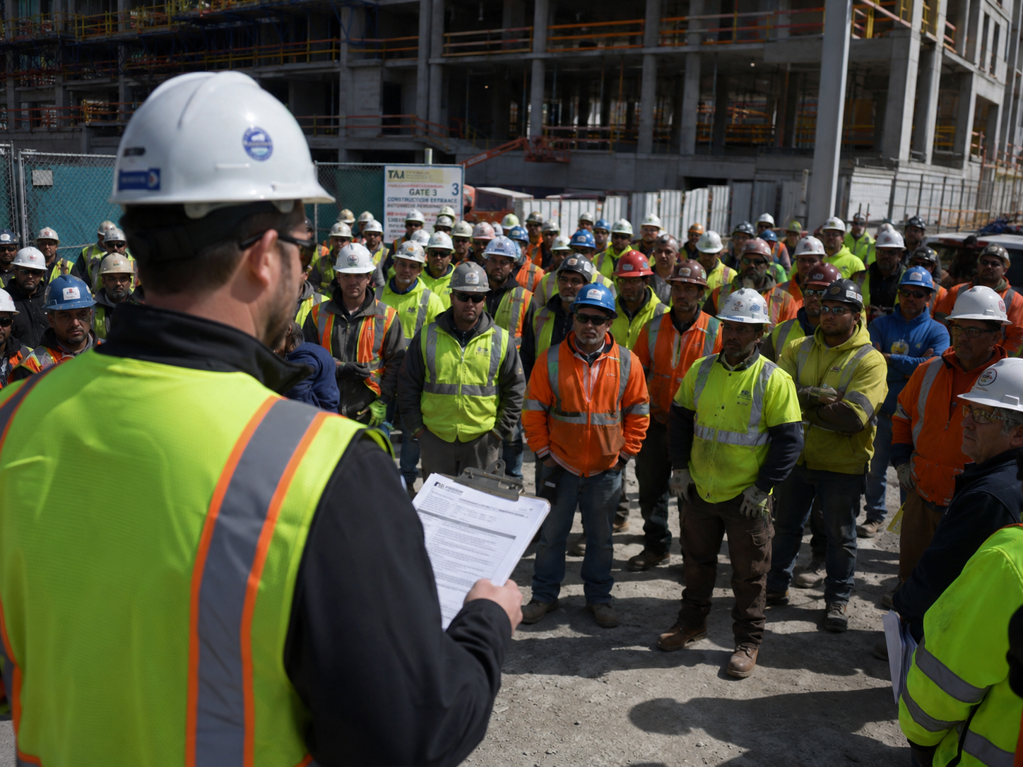 Construction workers in safety vests and hard hats gather for a safety briefing at an active building site.