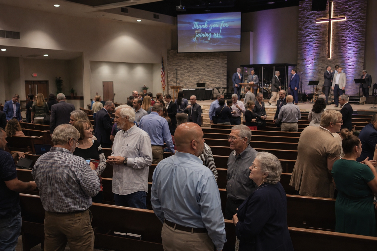Congregation mingles in modern church sanctuary with wooden pews, cross, and stage during Sunday service gathering.