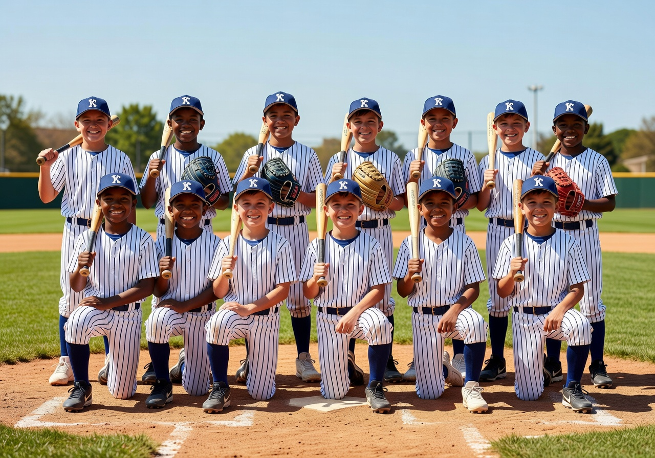 Youth baseball team in blue pinstripe uniforms posing for group photo on baseball field with gloves and bats.