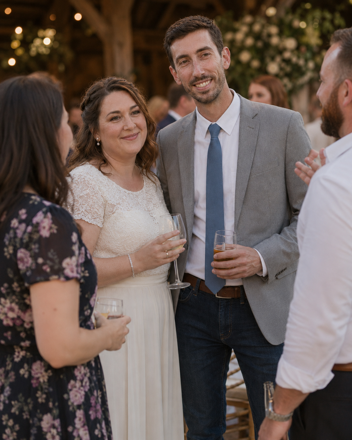 Bride and groom smiling and socializing with guests at an outdoor wedding reception holding drinks.