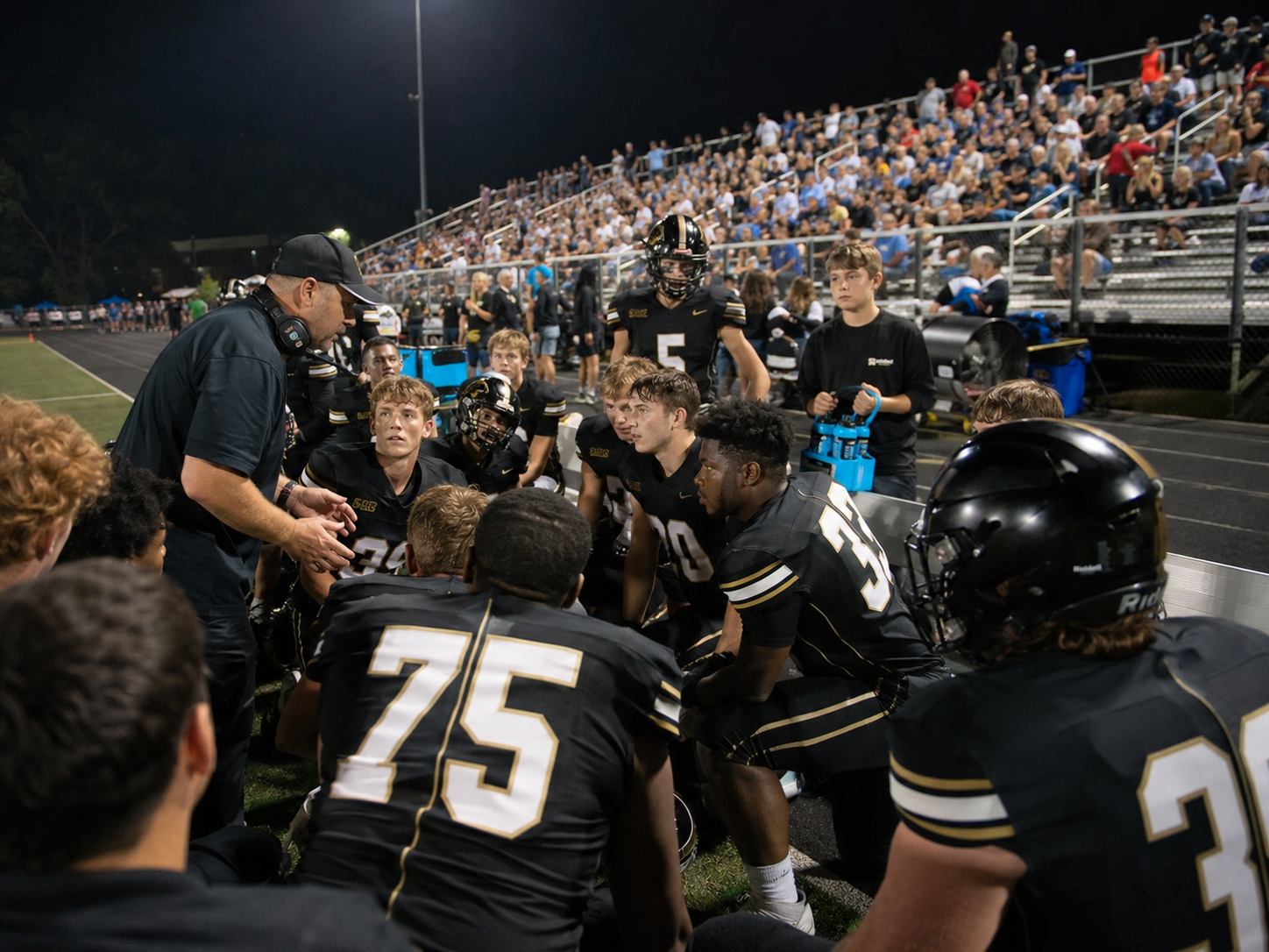 High school football team huddles with coaches on the sideline during a night game with packed bleachers.