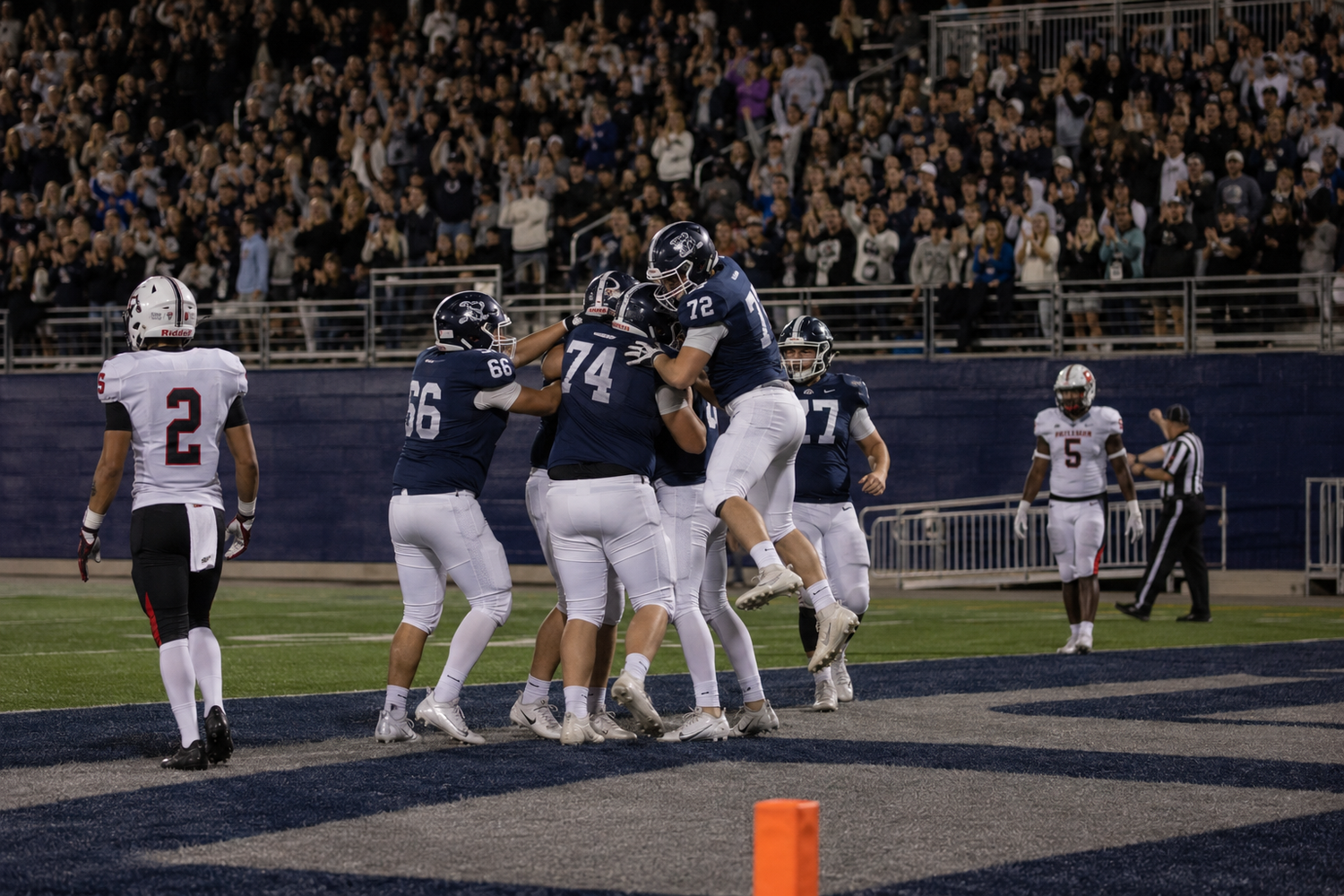 Football players celebrate a touchdown in the end zone during an exciting night game before a roaring crowd.
