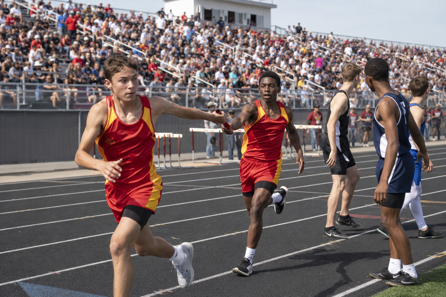 High school track athletes pass a baton during a relay race at a crowded outdoor track meet.
