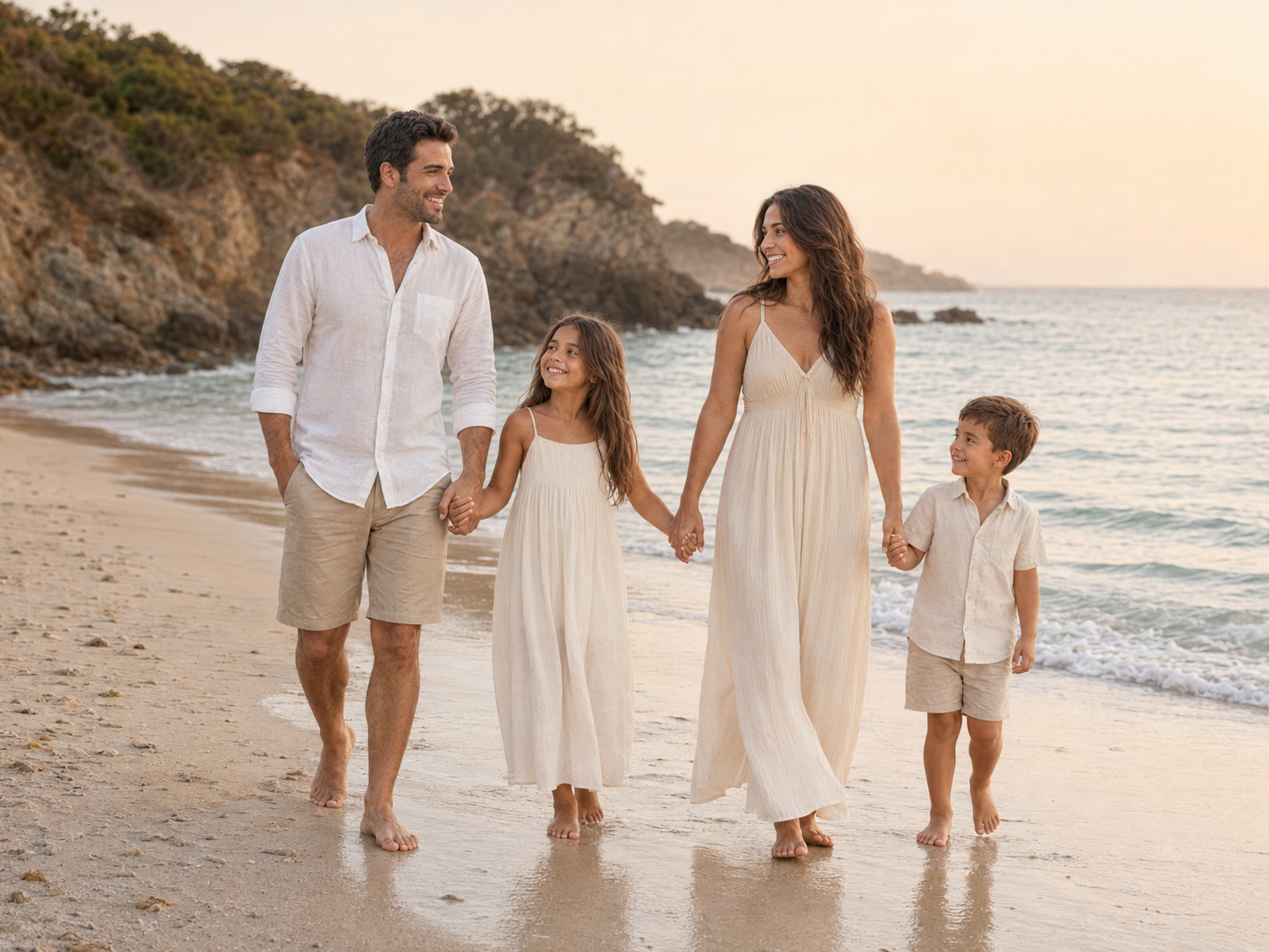 Family of four walking hand-in-hand along a scenic beach at golden hour.