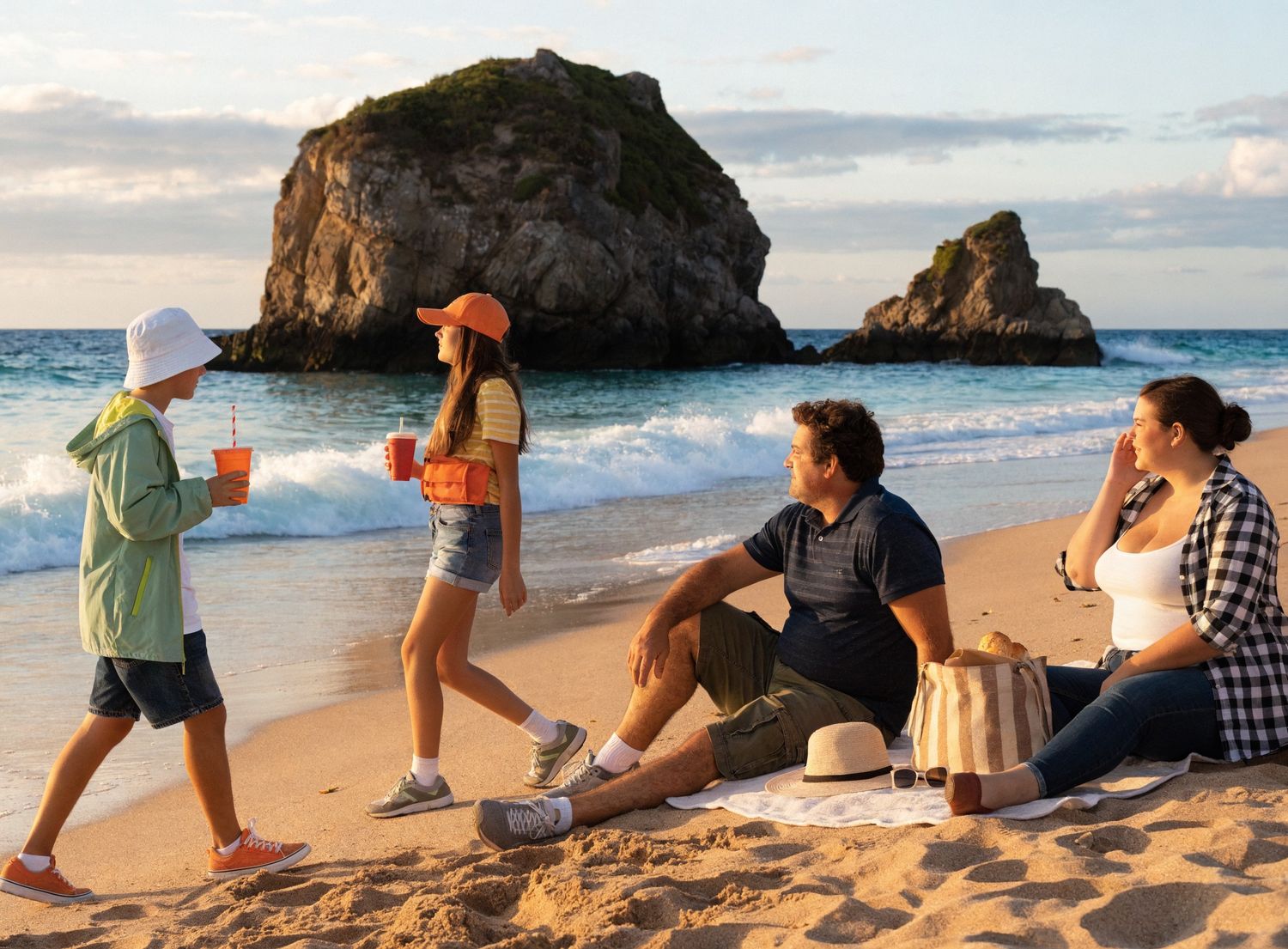 Group of friends relaxing on a sandy beach with dramatic rock formations in the background at sunset.