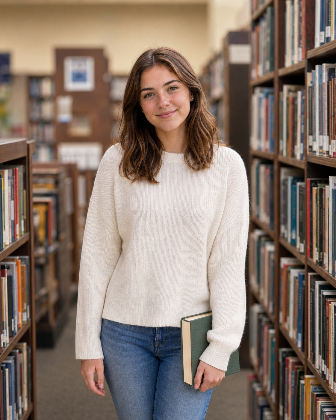 Young woman in cream sweater holding a book while standing between library bookshelves.