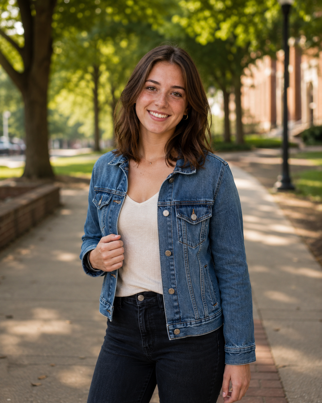 Young woman in denim jacket and black jeans smiling on a tree-lined brick walkway.