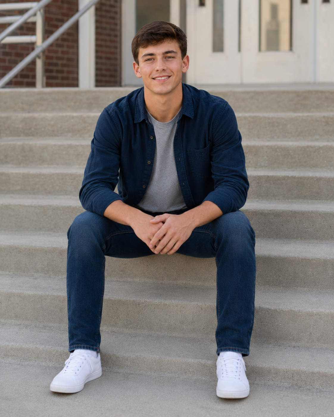 Young man in navy shirt and jeans sitting on school steps smiling for senior portrait photo.
