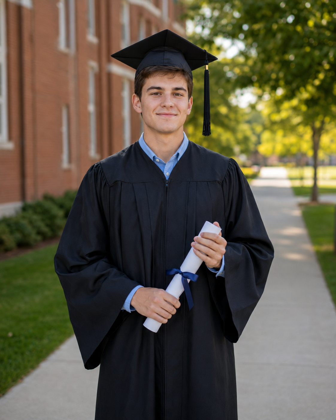 Young man in graduation cap and gown holding diploma on college campus walkway.