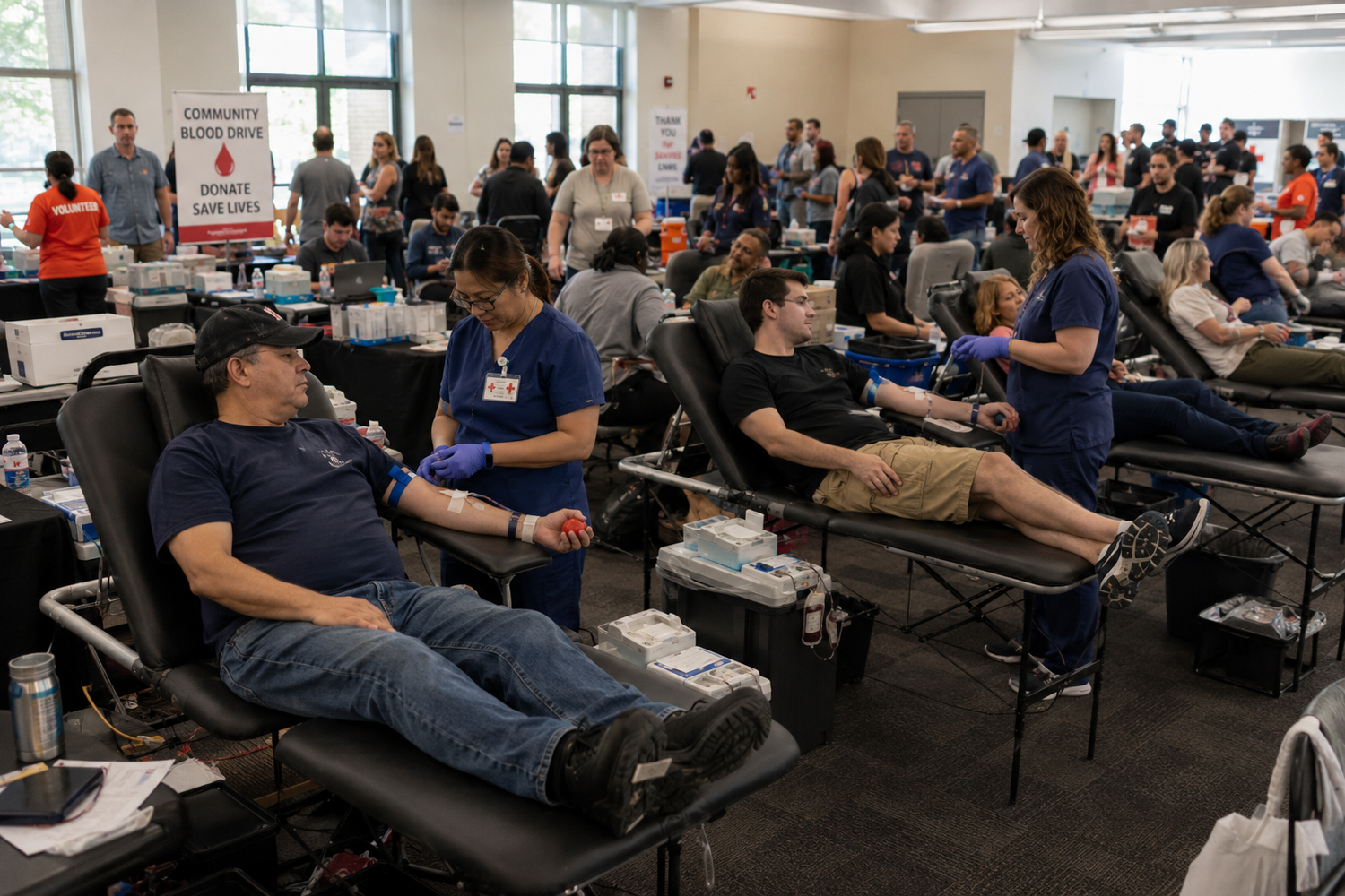 Donors recline in chairs during a busy community blood drive event held indoors.