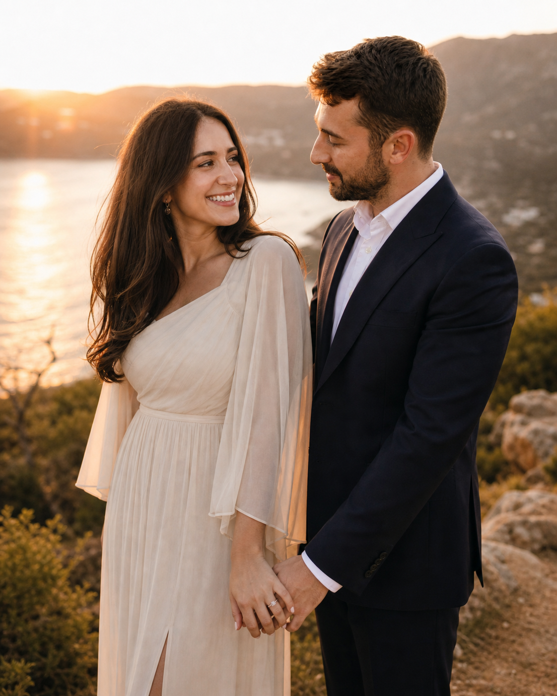 Couple holding hands at golden hour with ocean views, woman in flowing beige dress, man in navy suit smiling romantically.