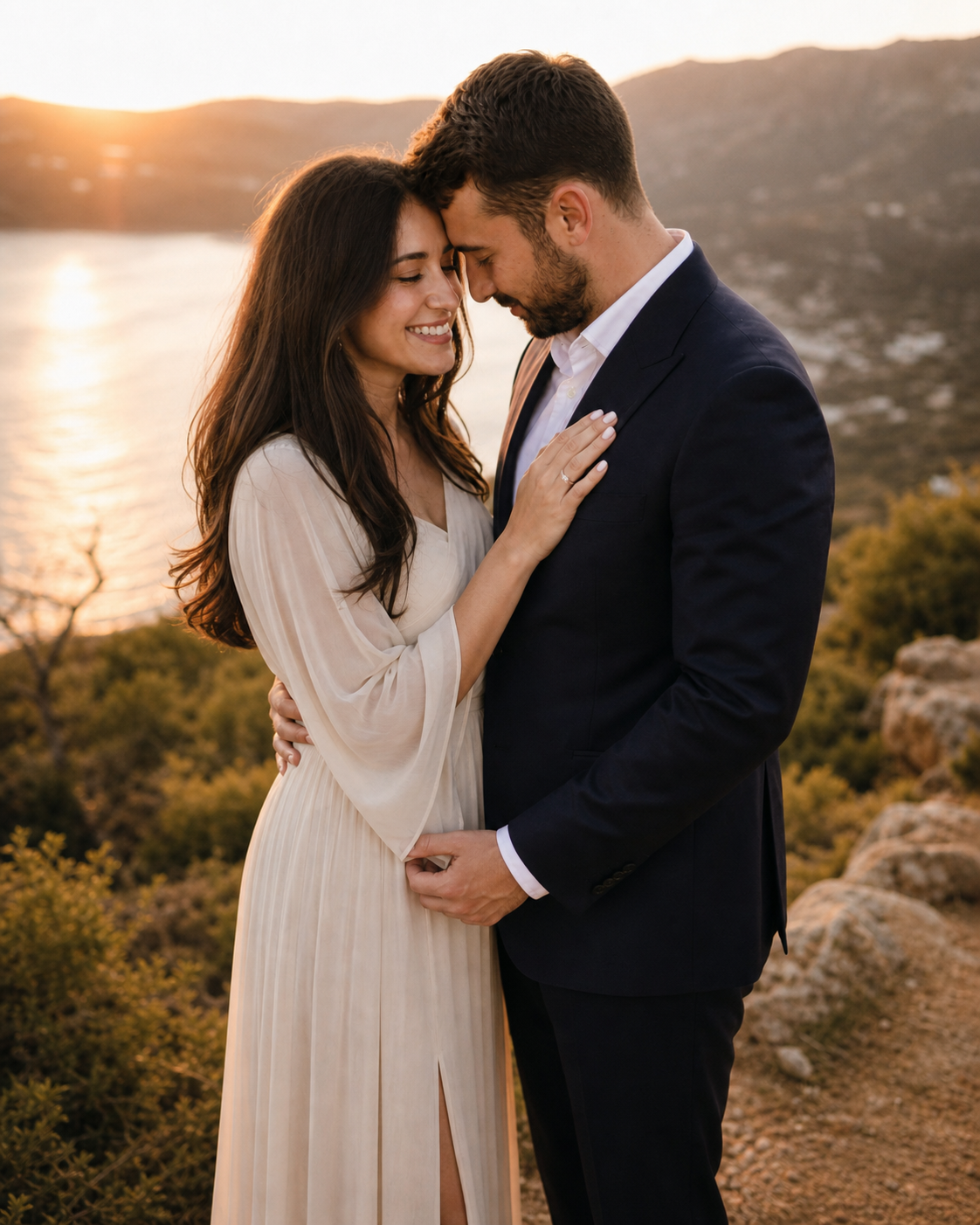 Couple embracing at golden hour sunset overlooking scenic coastal landscape, woman in white dress, man in navy suit.