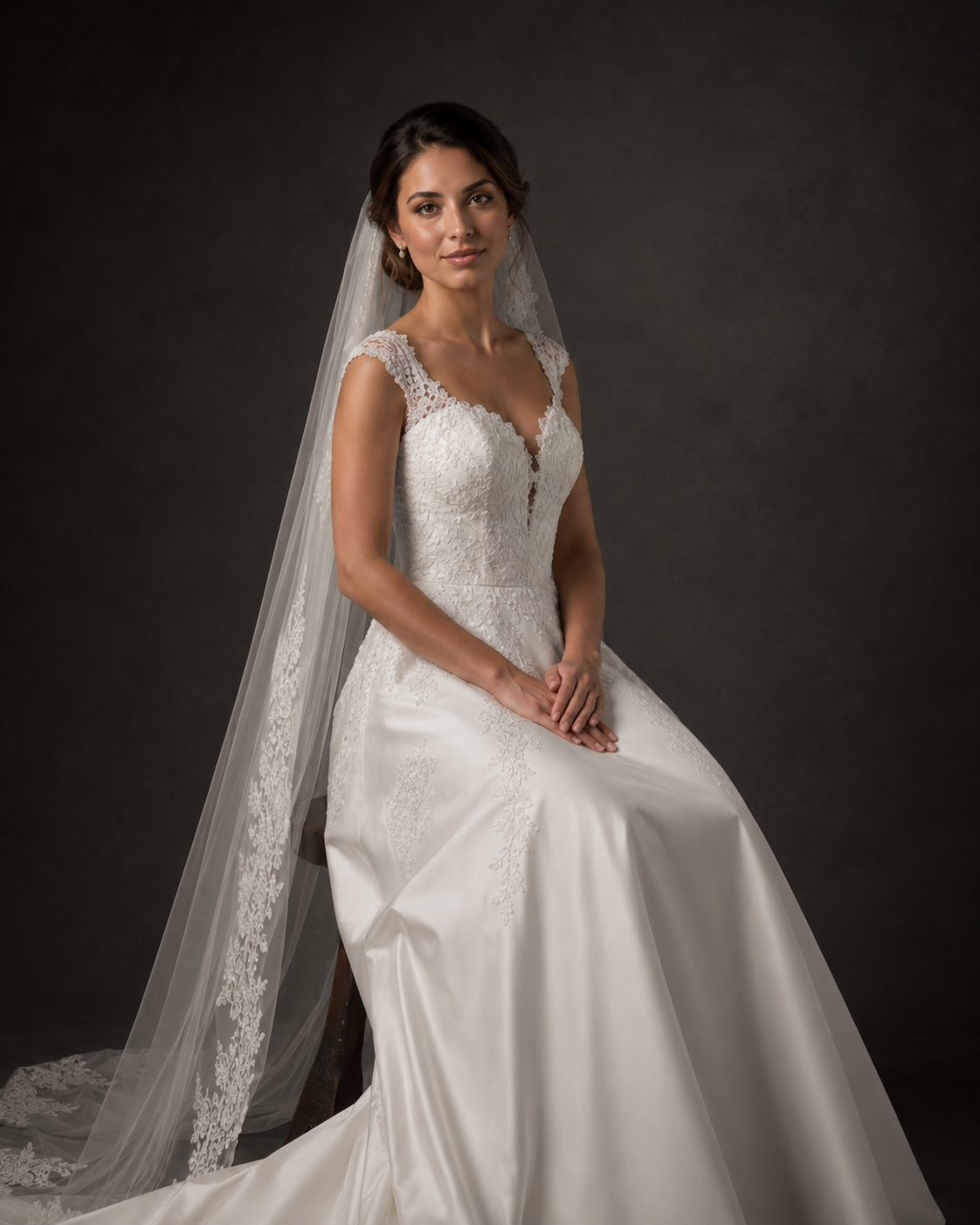 Bride in lace A-line wedding gown with cap sleeves and cathedral veil, seated elegantly against dark background.