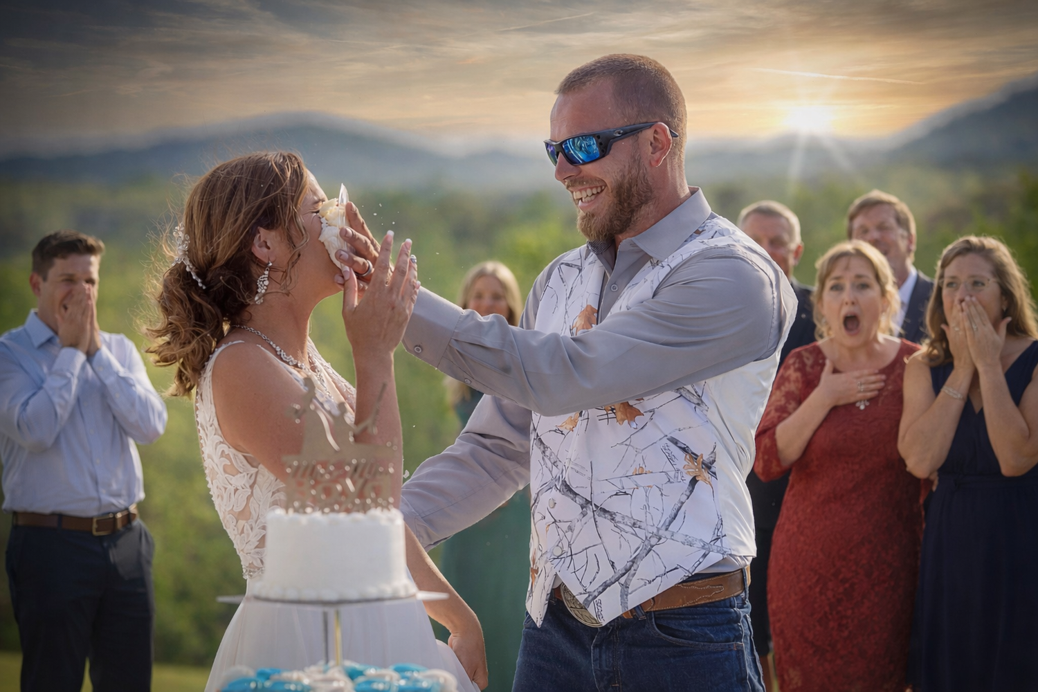 Bride and groom smiling during outdoor wedding cake cutting ceremony with guests reacting joyfully at sunset.