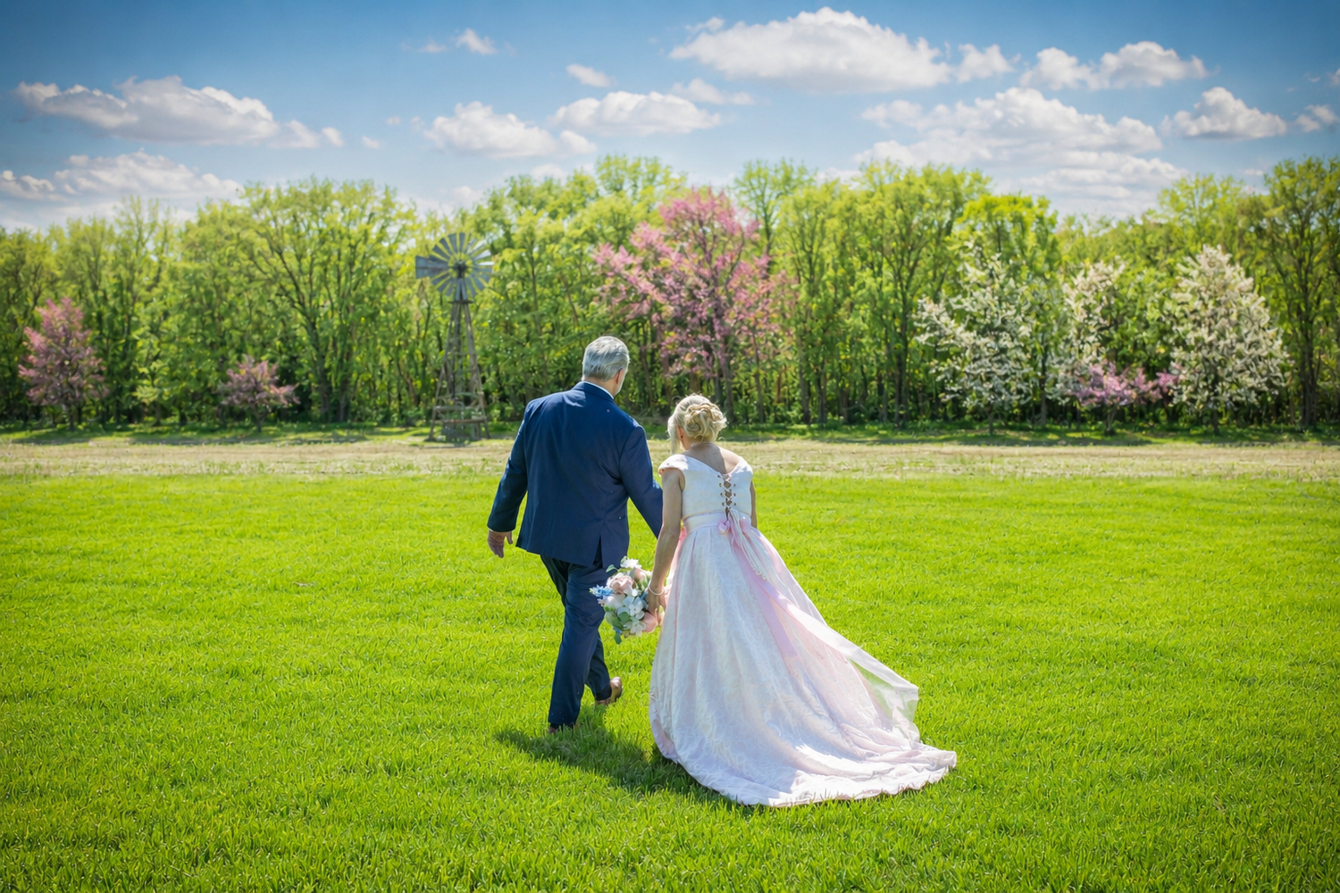 Bride and groom walking hand-in-hand across lush green lawn with blooming spring trees backdrop.