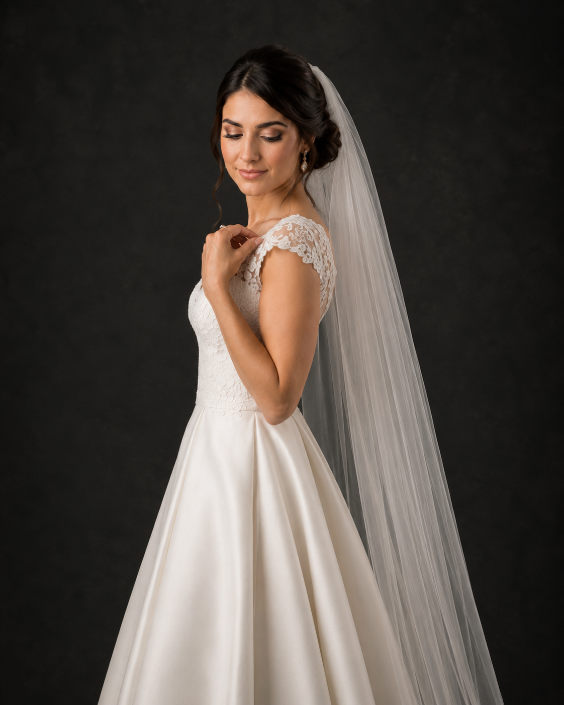 Bride in classic A-line satin wedding dress with lace bodice and long veil, looking down gracefully in studio.