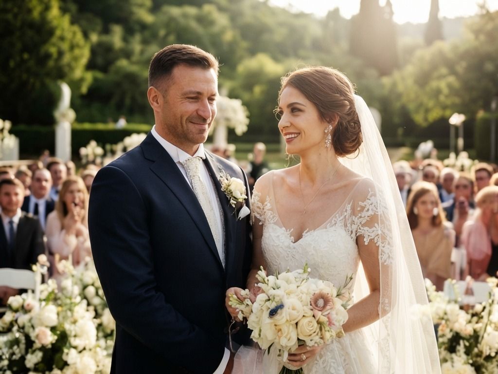 Elegant outdoor wedding ceremony with smiling bride holding bouquet and groom in navy suit, garden venue with guests.