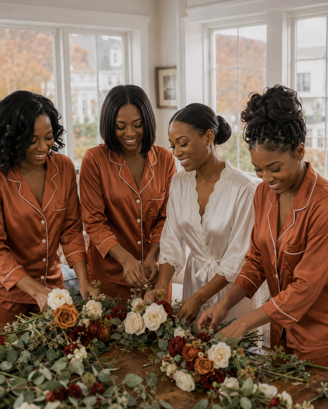 Bride in white robe with three bridesmaids in rust satin pajamas arranging fall floral bouquets together.