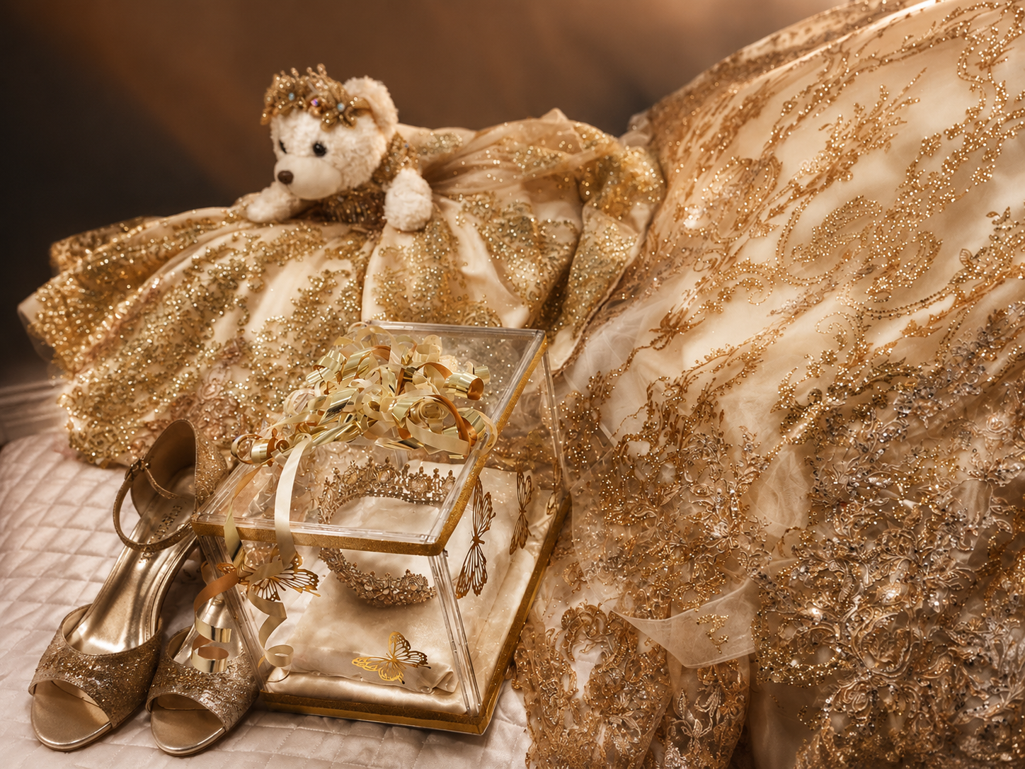 Luxurious golden gown with lace detailing displayed alongside gold heels, jewelry box, and teddy bear.