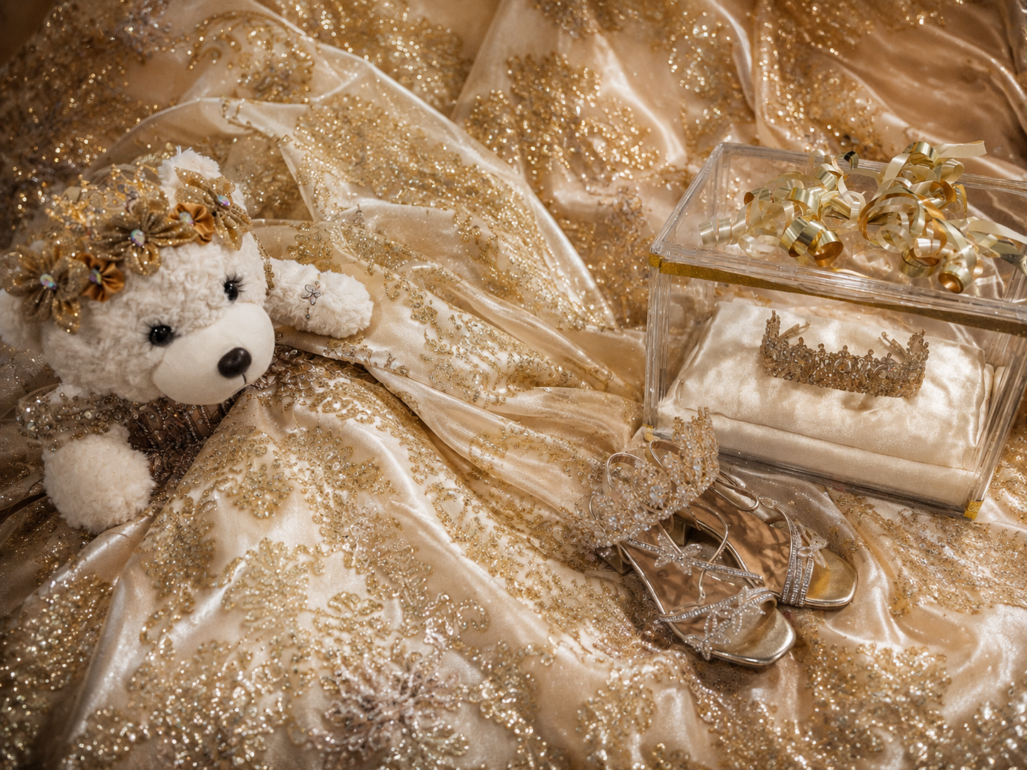 Gold glittery quinceañera dress with a white teddy bear, tiara, clutch purse, and sparkling heels arranged elegantly.