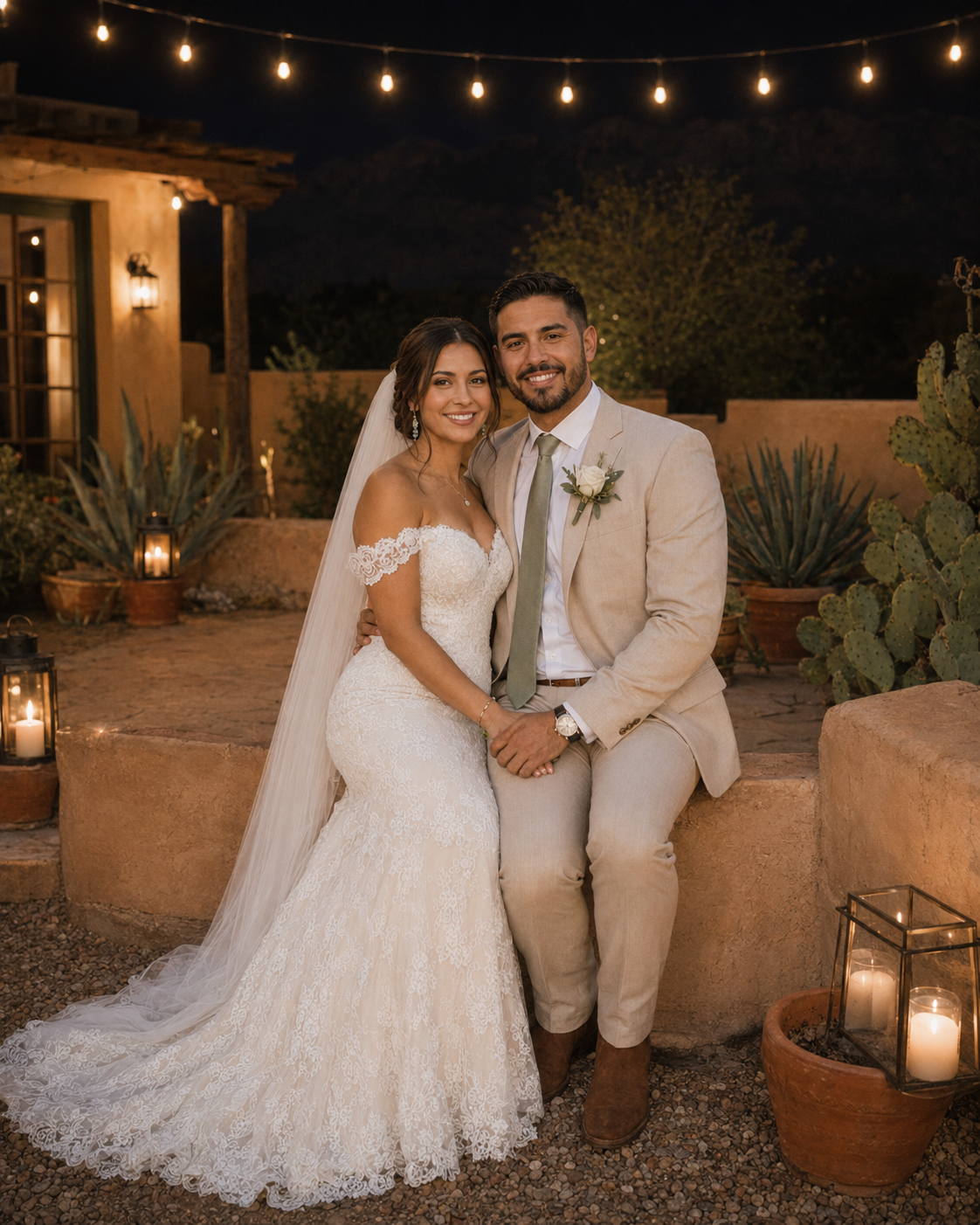 Bride in lace mermaid gown and groom in tan suit pose romantically outdoors at night with candles and string lights.