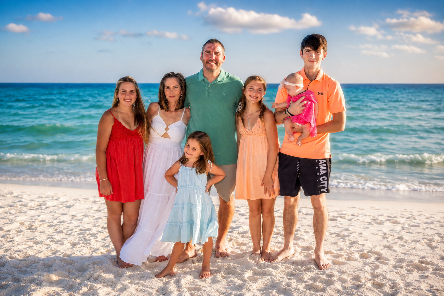 Family of six posing together on a sandy beach with turquoise ocean waves in the background on a sunny day.