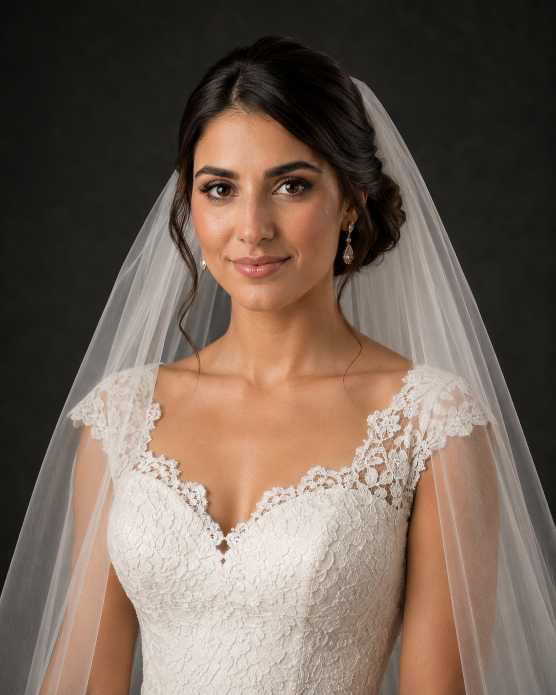 Bride wearing lace cap sleeve wedding gown with white veil and elegant updo hairstyle against dark background.