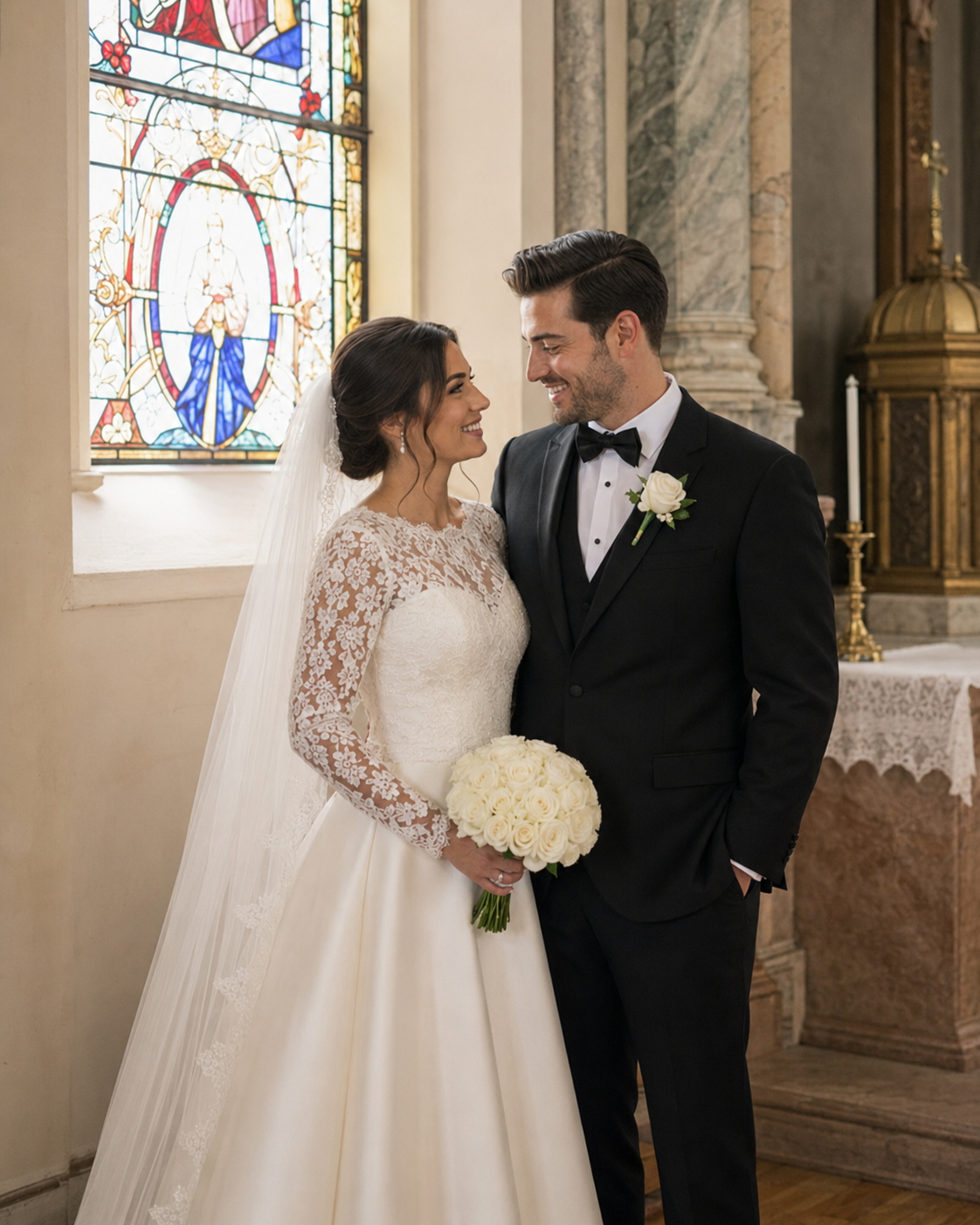 Happy bride holding white rose bouquet and groom in tuxedo pose together by stained glass window in church.