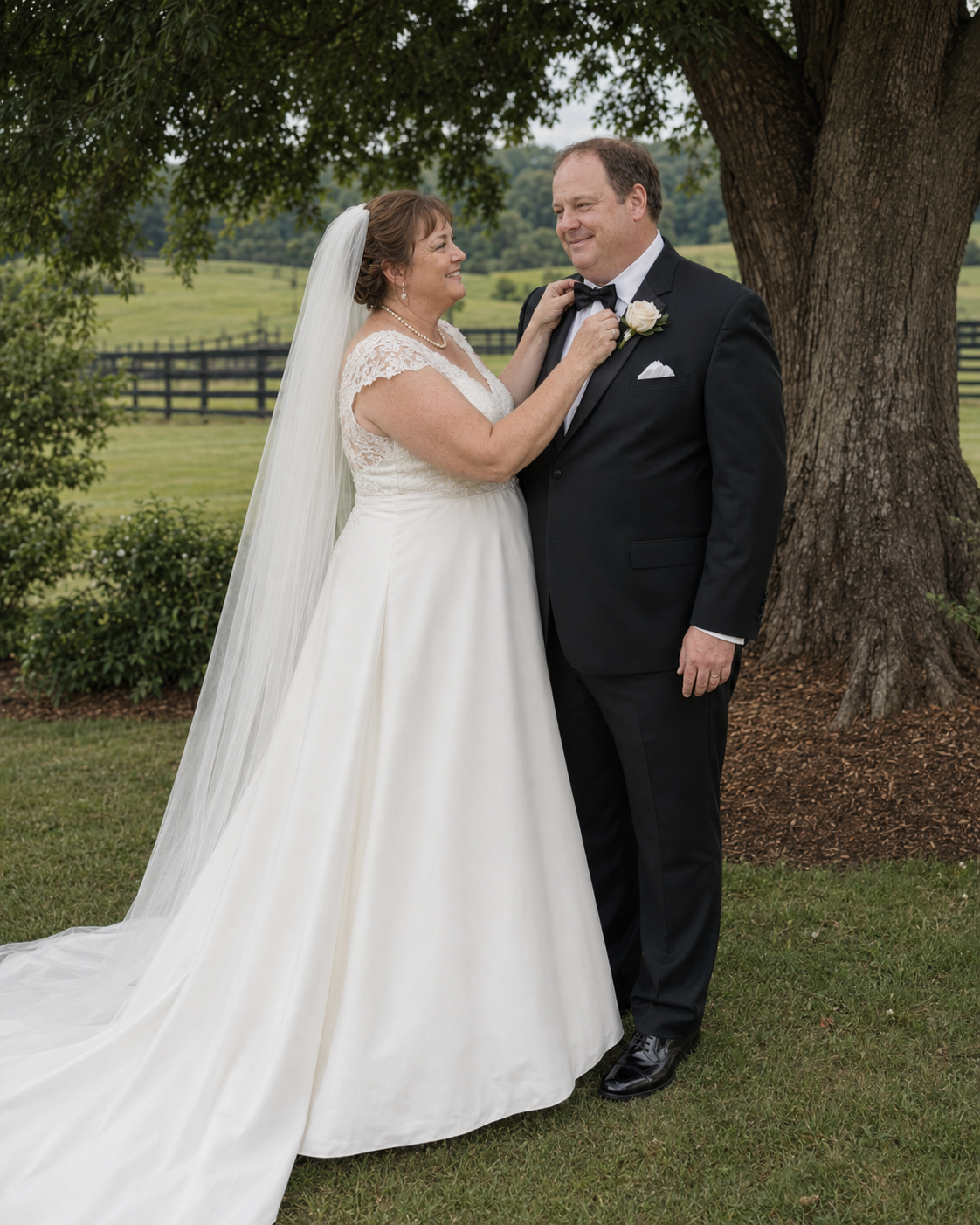 Bride adjusting groom's bow tie outdoors near a tree at a countryside wedding venue.