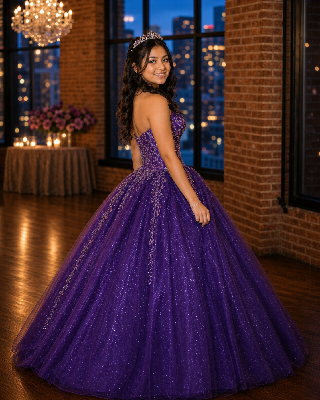 Young girl in a sparkling purple quinceañera ball gown with gold embroidery and tiara poses in elegant venue.