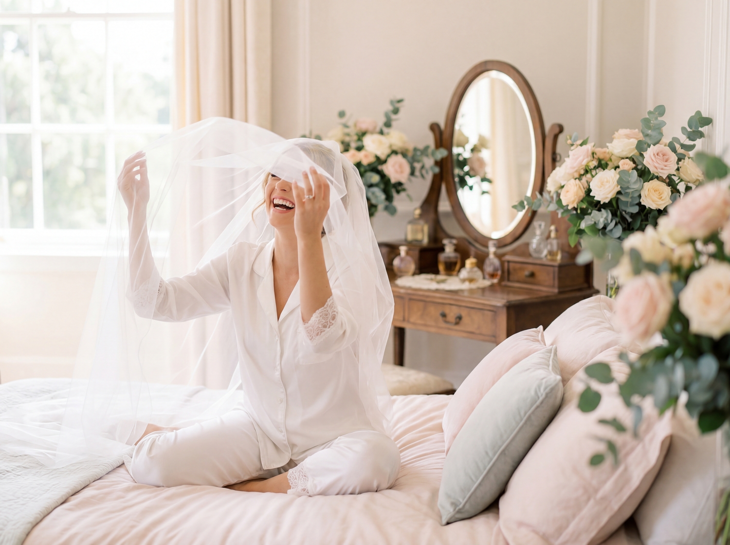 Bride in white robe laughing while playing with veil on bed with floral arrangements and vintage mirror.