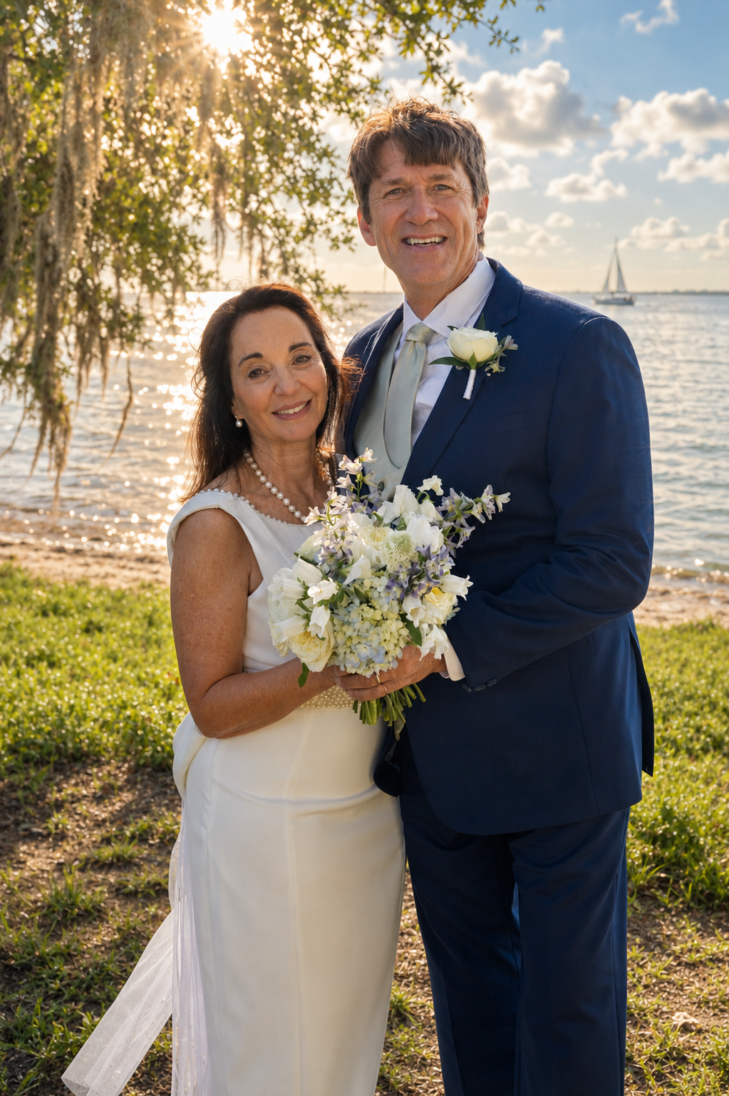 Couple in wedding attire smiling by waterfront at sunset, bride holding white bouquet, groom in navy suit.