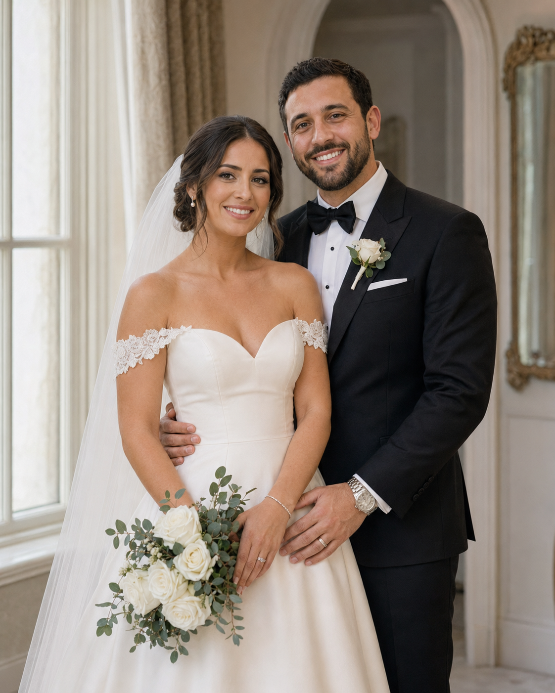 Bride and groom posing together on wedding day, bride in off-shoulder gown holding white bouquet, groom in black tuxedo.