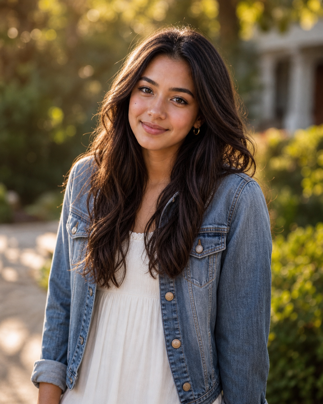 Young woman with long dark hair wearing denim jacket over white dress, smiling outdoors.