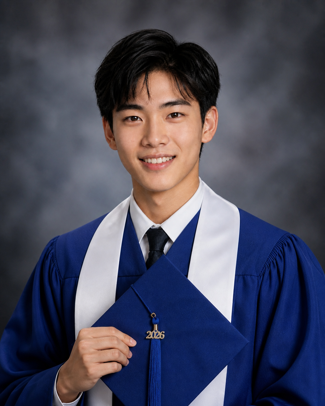 Young man in blue graduation gown and cap smiling for his 2026 senior portrait photo.
