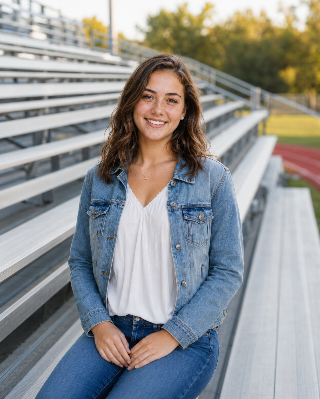 Young woman in denim jacket and jeans smiling on bleachers at a sports field on a sunny day.