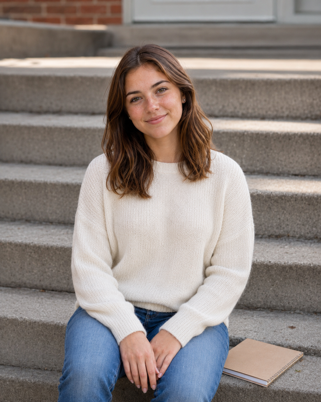 Young woman in cream knit sweater sitting on stone steps with a notebook.