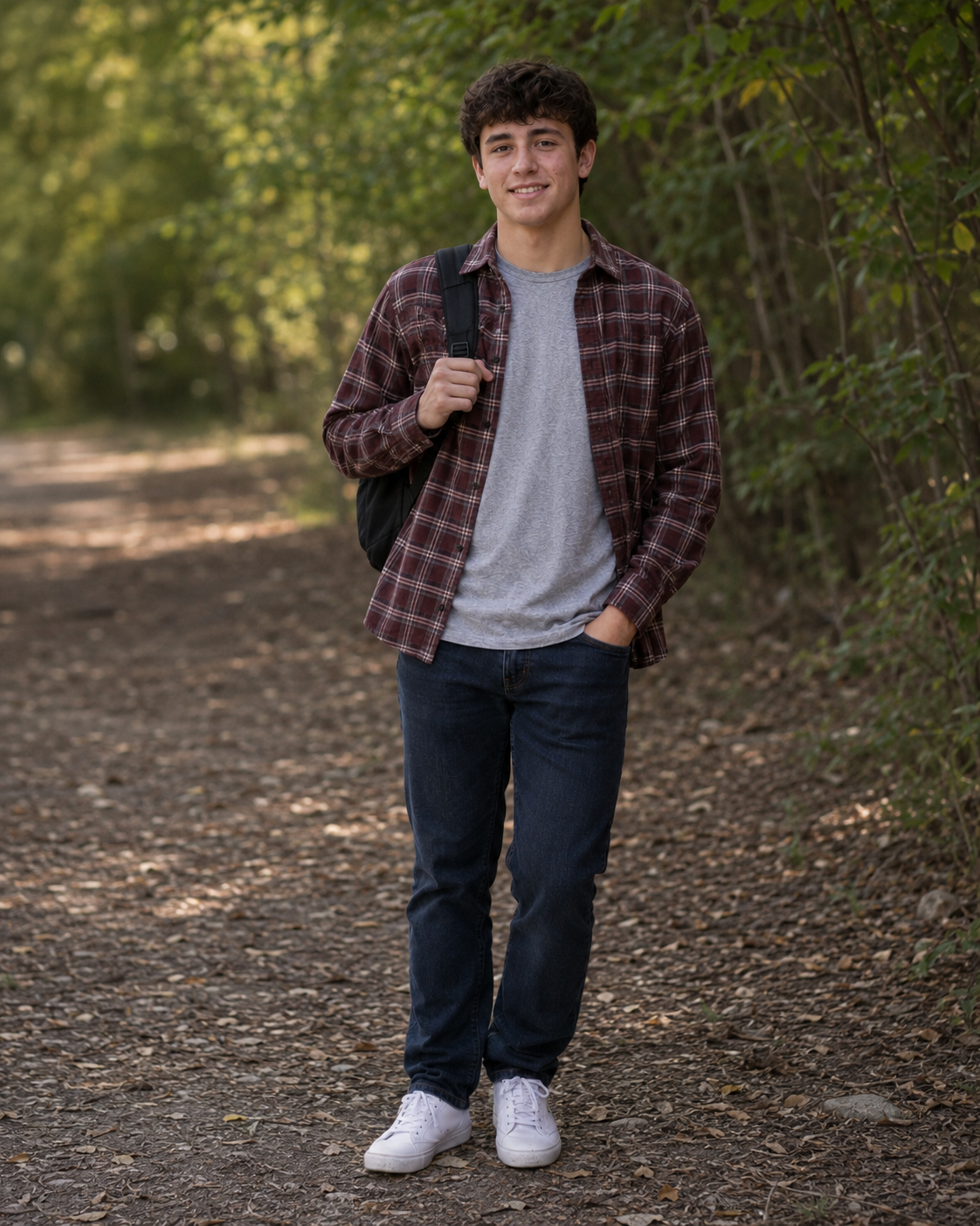 Teen boy in plaid flannel shirt with backpack on wooded nature trail.
