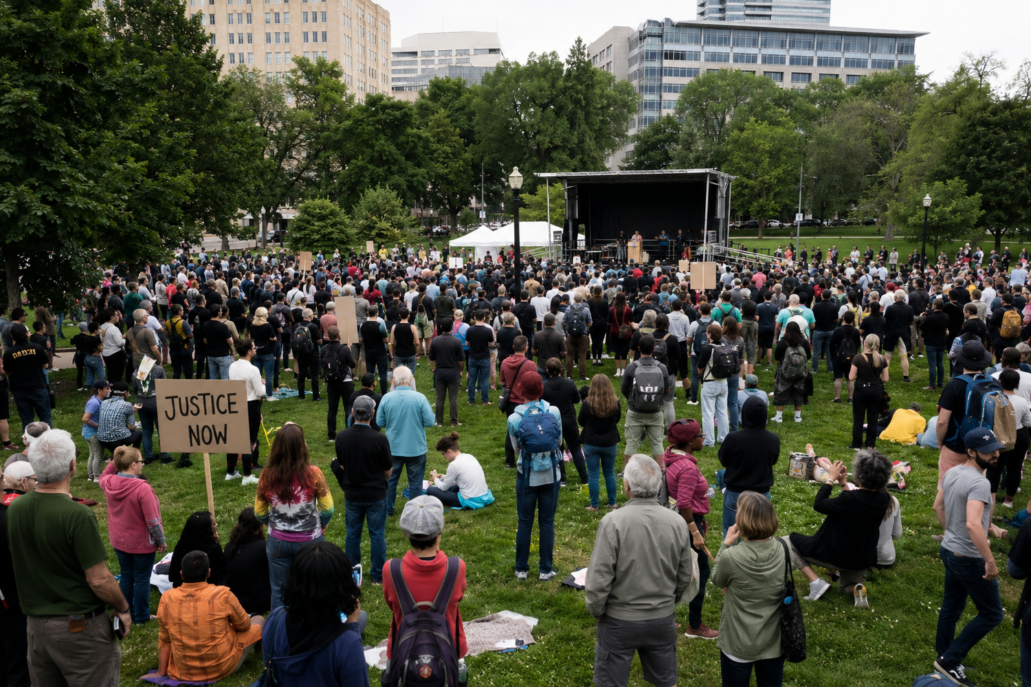 Large crowd gathered in a park for a protest rally with a Justice Now sign visible in the foreground.