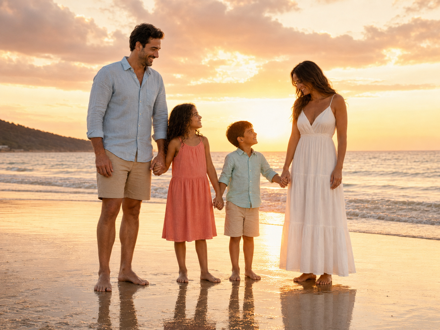 Family of four holding hands on a beach at sunset, parents and two children smiling in warm golden light.