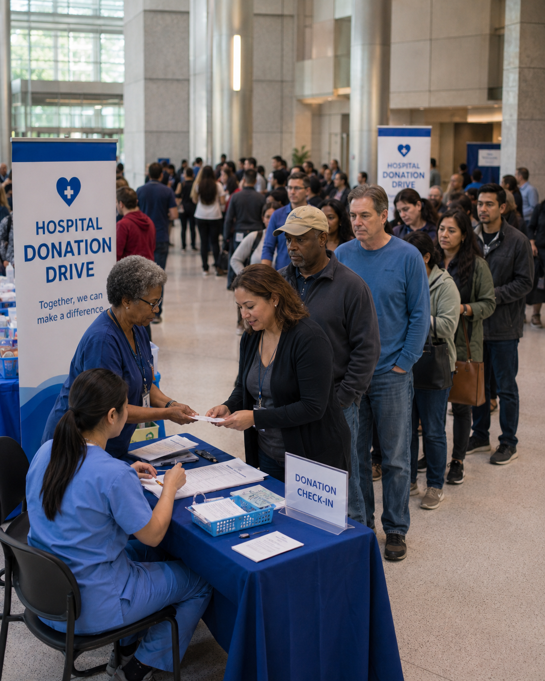 People line up at a hospital donation drive check-in table in a busy lobby with blue banners.