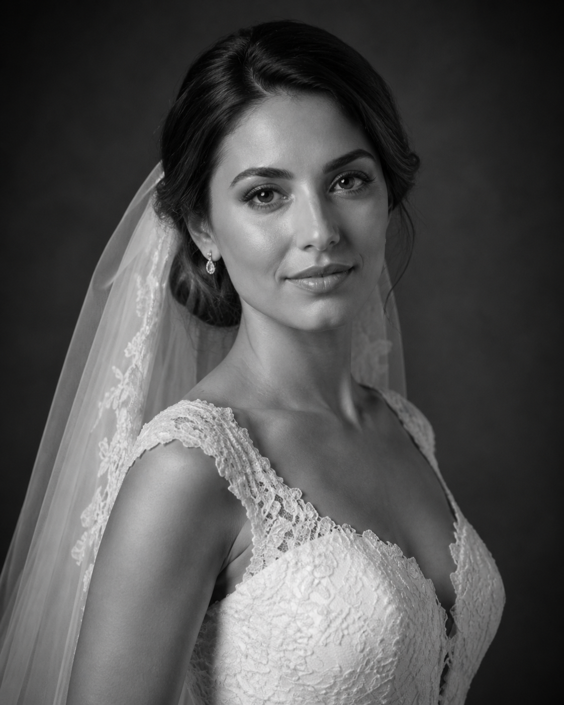 Black and white bridal portrait of a brunette bride in lace gown and veil, elegant studio photography.