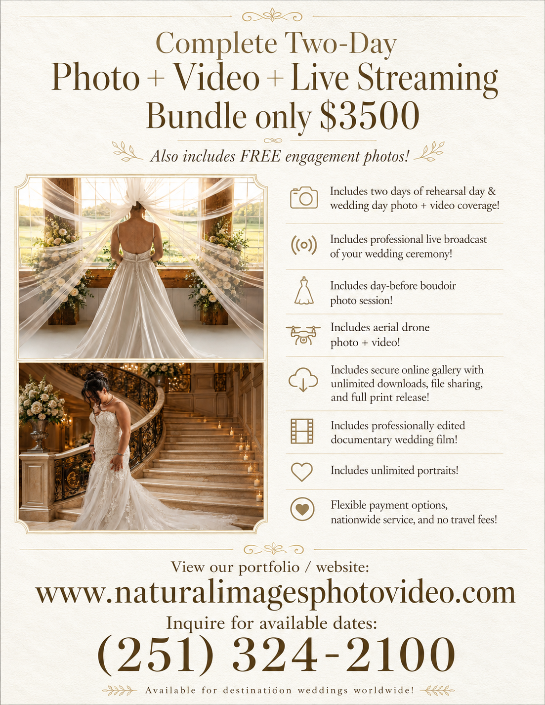 Wedding photography and videography bundle flyer showing bride in gown with pricing and contact details for Natural Images Photo Video.