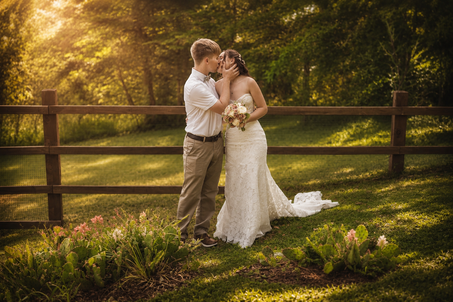 A bride and groom share a romantic kiss in a sunlit garden with a wooden fence and lush greenery backdrop.